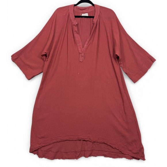 9seed Tunic Dress Women One Size Red Gauze Boho Raw Edge V Neck Beach Coverup